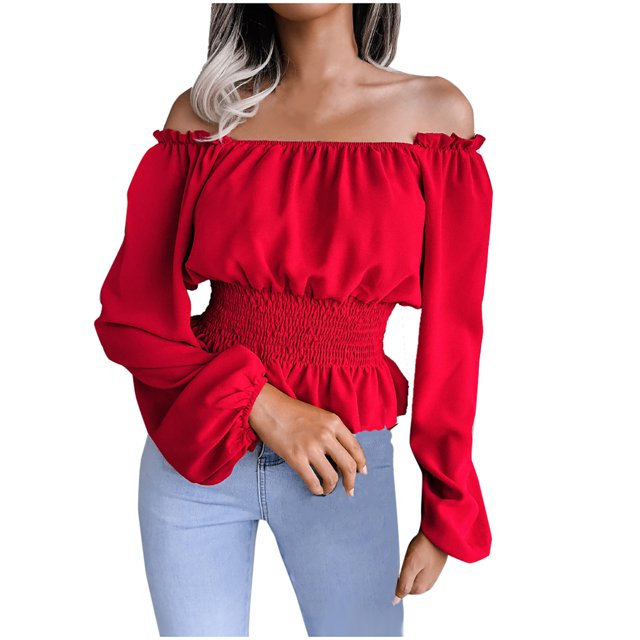 PVCS Fashion Women Sexy Neck Strapless Hem Ruffle Chiffon Shirt
