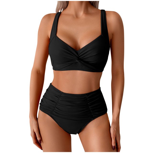 Swiftwear Women's Two-Piece Swimsuit Set with Cross-Front High-Waisted Top and Textured Ruffled Bikini Bottoms, Form-Fitting Stretch Design Black L