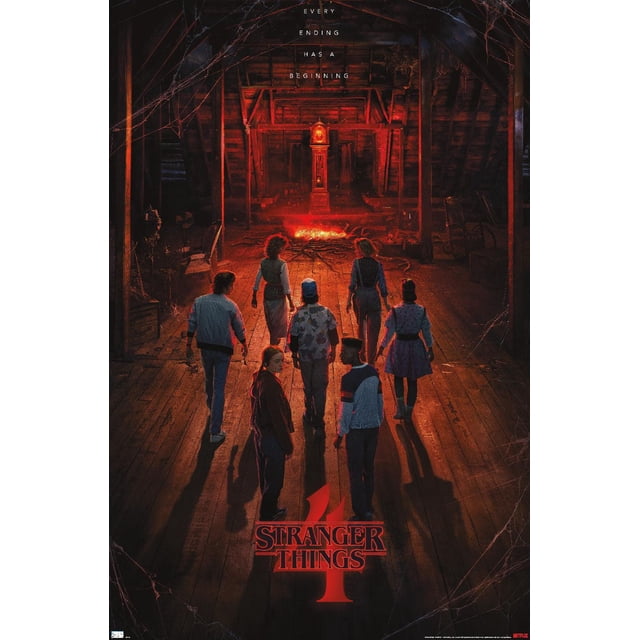 Netflix Stranger Things : Saison 4 - Affiche Murale Teaser de Creel House sur une Feuille Mettant en Vedette Sept Personnages Marchant vers un Grand-Père Lumineux avec une Horloge dans un Grenier Sombre avec Planchers en Bois et Toiles d'Araignée, Illuminée par une Lumière Rouge, avec le Texte « Chaque Fin a un Début » au-Dessus et le logo Stranger Things 4 en Dessous.