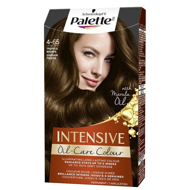 Palette Intensive Oil Care Colour 4-65 Truffle Brown hair dye by Schwarzkopf, showing rich brown hair with marula oil for nourishing care, providing long-lasting colour with up to 100% grey coverage and radiance lasting up to 8 weeks.