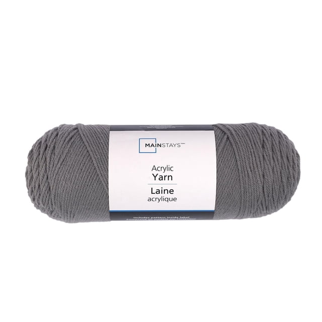 Mainstays Acrylic Yarn in grey, medium worsted weight 7 oz skein with 397 yards, shown front-facing with a white label displaying brand and product name, suitable for hand knitting and crocheting apparel, accessories, and home decor projects.