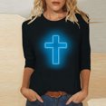 thumbnail image 2 of RKSTN Hauts pour Femmes Mode Décontractée Imprimé Crucifix Col Rond Manches 3/4 T-Shirt Couleur Unie Ajusté Blouse Printemps Été, 2 of 4