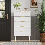 Wood Storage Dresser Chest Cabinet Organizer Unit, 5 Drawer Dresser for Bedroom, Modern Closet Dressers Chest of Drawers, Small Fluted Nightstands for Bedroom, Living Room