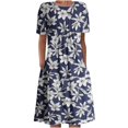 thumbnail image 1 of QJUHUNG Midi pour Femmes Été Décontracté Ample Bohème à Imprimé Floral Col Ras du Cou Manches Courtes Longueur Genou Robe Froncée avec Poches, 1 of 4