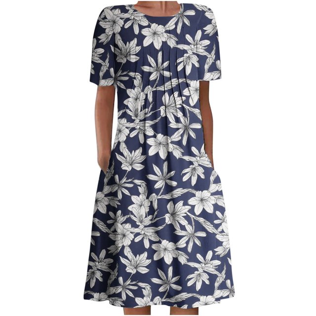 QJUHUNG Midi pour Femmes Été Décontracté Ample Bohème à Imprimé Floral Col Ras du Cou Manches Courtes Longueur Genou Robe Froncée avec Poches