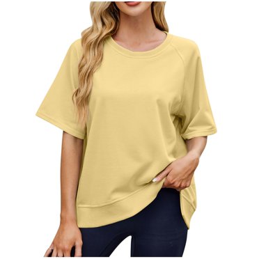 Kaemgyyd T-Shirts Surdimensionnés pour Femmes, Coupe Ample, Manches Mi-Longues, Col Ras du Cou, T-Shirts Unis Basiques d'Été, Mignons et Décontractés
