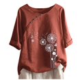 thumbnail image 4 of Chemises en Lin à Manches Courtes pour Femmes Blouses en Coton Imprimé Floral Tunique Décontractée Tendance Tenues d'Été Décontractées Col Rond T-Shirt Mode Blouse Rouge m, 4 of 4