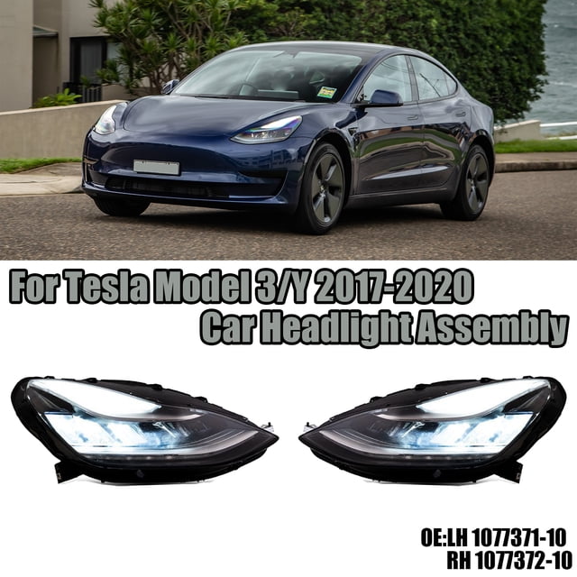 New car front headlight assembly for Tesla Model 3 (2017-2020) and Model Y (2020), featuring OEM LED lights with part numbers LH 1077371-10 and RH 1077372-10. The image shows two sleek, black-framed headlights with bright LED illumination, designed for exterior car lighting replacement. Suitable for Tesla vehicles, ensuring compatibility with the specified models.