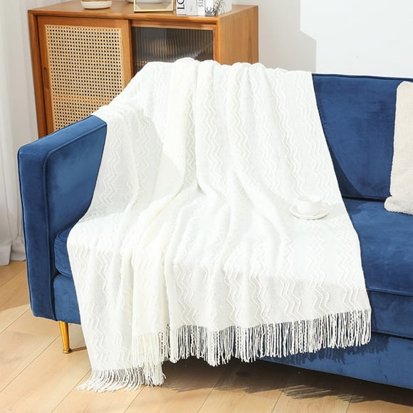 YYV Solid Color Tassel Blanket Knitted Blanket Foot of Bed Blanket Sofa Blanket Throw Blanket Cover Blanket White
