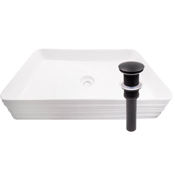 Novatto NP-208513ORB Ensemble d'Évier Extérieur Rectangulaire en Porcelaine Blanche Rainurée avec Drain en Bronze Huilé
