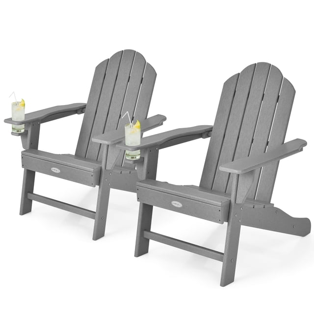 Patiojoy 2 Pcs Adirondack Chair Chaise de Foyer Extérieure avec Porte-Gobelet en Gris, Dotée d'Un Matériau PE Résistant aux Intempéries et de Vis en Acier Inoxydable 304 pour la Durabilité. La Conception Ergonomique Comprend un Dossier à Lattes, de Larges Accoudoirs et un Siège Surdimensionné pour le Confort. Chaque Chaise a un Porte-Gobelet Intégré pour Plus de Commodité. Convient aux patios, Jardins et Terrasses, Cet Ensemble Est Facile à Entretenir et à Assembler. Dimensions : 34 Pouces de long, 31 Pouces de Large et 37 Pouces de Haut. Capacité de Charge : 330 Lb