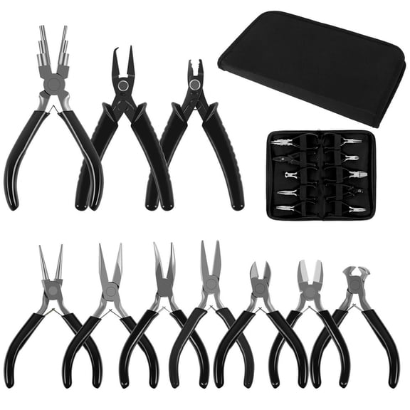 Ensemble de 10 Pcs de Pinces à Bijoux en Acier au Carbone, Trousse de Fabrication de Bijoux, Pinces à Bijoux Professionnelles, Comprend une Pince d'Extrémité, une Pince de Nez, des Pinces à Mâchoires en Nylon, Poignée Antidérapante pour la Fabrication de Bijoux