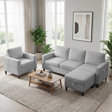Puremind 2 Piece Sofa with Storage Ottoman, Modern Linen Fabric Sofa and Armchair Set for Living Room/Apartment/Small Space, Light Gray