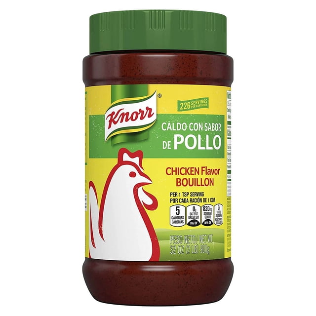Knorr Caldo de Pollo Chicken Bouillon, 2 lb jar with authentic Mexican chicken flavor seasoning. The jar features a green lid and a yellow label with a red chicken illustration, highlighting its granulated format for versatile use in soups, sauces, and gravies. The label also mentions 226 servings per container and nutritional details, including fat and cholesterol-free content.