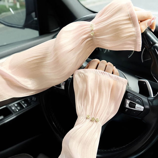 Fashionable Lace Arm Covers for Women Sun Cool Breathable Stretchy Long Sleeve Pearl Ribbon Silk Accessory