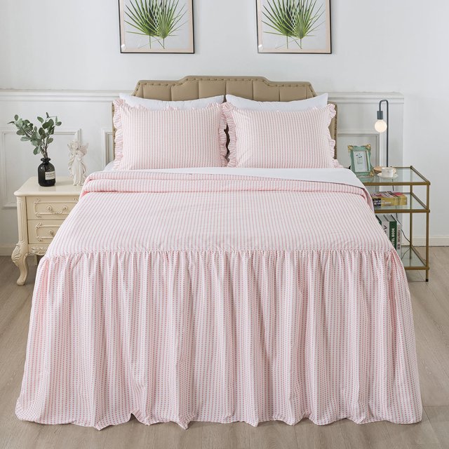 JML King Ruffle Skirt Bedspread Set,3 Piece Ruffled Polka Dot Bedspread with 30" Drop