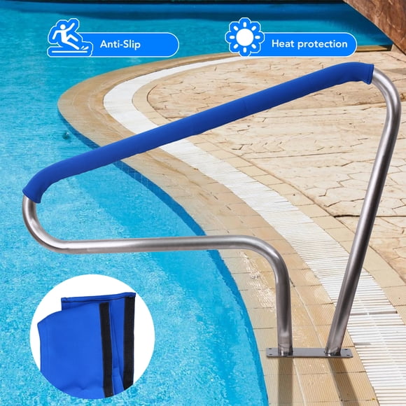 Heavy-Duty Stainless Steel Pool Handrail for Inground Pools – 48"L x 36"H & 55"L x 32"H, 304 Grade, 385 lbs Capacity, Blue Grip Covers, Quick Install Fittings, Safety Ladder – Silver Color