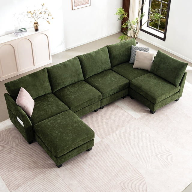 124" Modular Sectional Sofa, U-Shaped 6 Seater Sectional Sofa with Storage Ottoman & USB Ports,Green
