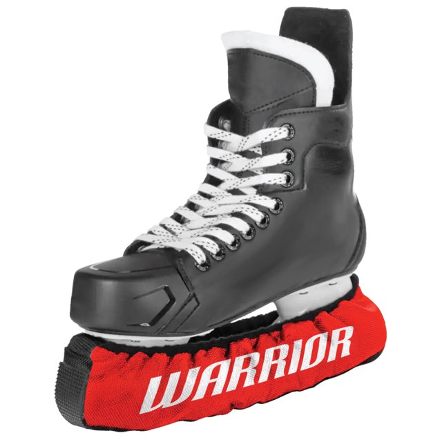 Warrior Youth Reinforced Skate Soakers in red fitted on a black youth hockey skate with white laces, featuring durable moisture-resistant fabric and rubber tread to protect blades from scratches and rust, designed for sizes Y8 to Y13 and suitable for walking off ice.