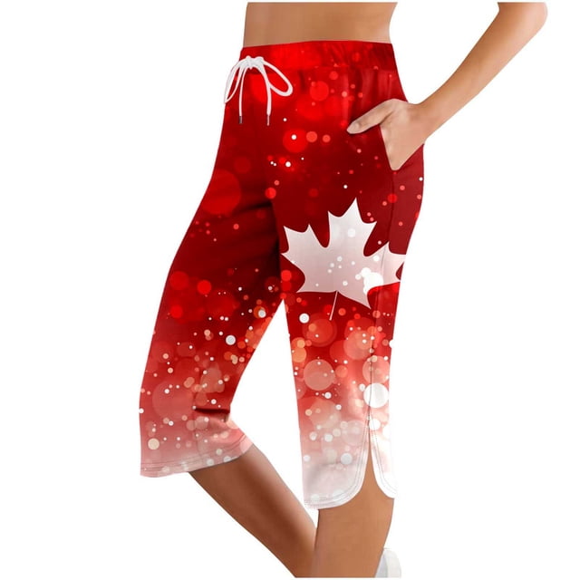Women Fashionable And Comfortable Slim Fit Maple Leaf Pattern Mid Waist Cropped Pants Casual Pants for Women plus Size Casual Romper Pants for Women All Day Wear Womens Pants Casual Work Elastic Waist