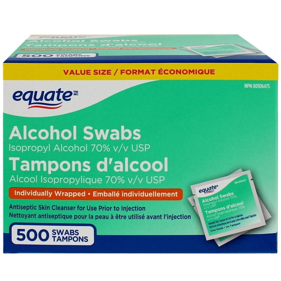 Equate Tampons imbibés d'alcool, Alcool isopropylique 70 % V/V USP, Nettoyant antiseptique pour la peau, Format économique