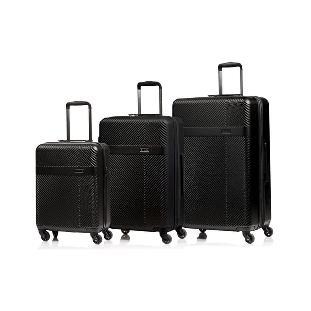 Champs Express Grid Collection 3 Piece Luggage Set with three black ABS hardcase spinner suitcases in 20", 24", and 28" sizes featuring textured chevron pattern, telescopic handles, 4 multi-directional spinner wheels, TSA locks on larger cases, and expandable compartments ideal for organized travel.