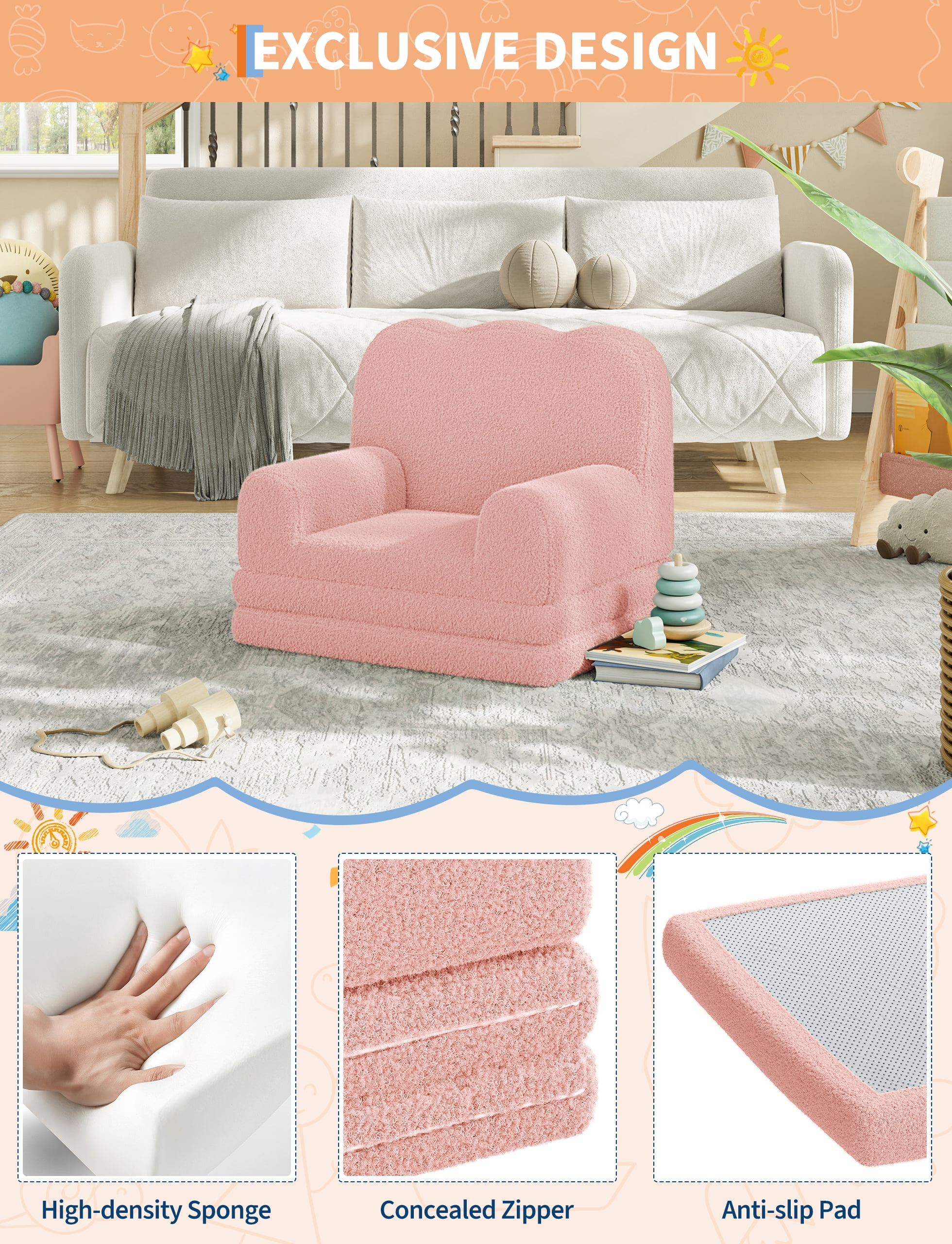 Yiwa 2-in-1 Kids Sofa Bed, Soft Teddy Fleece Fold Out Couch Lounger for Toddlers, Perfect for Playroom, Nursery, or as a Gift