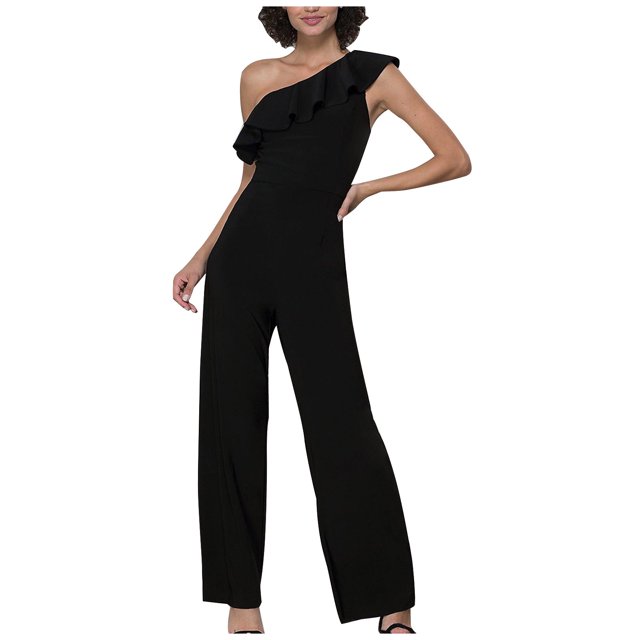 Yuyuzo Women Rompers 1 Shoulder Sleeveless Ruffle High Waist Loose Wide Leg Pants Elegant Jumpsuits