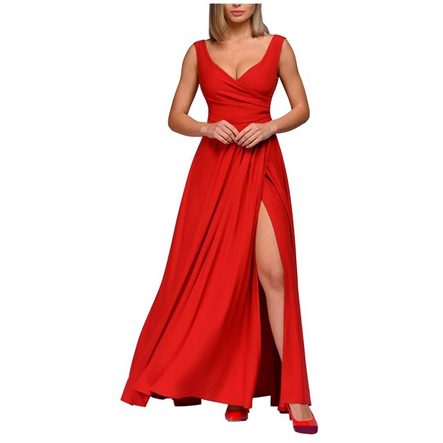 Gspmoly Robes pour Femmes Grande Taille, Mode Femmes Été Camis Sans Manches Col en V Taille Resserrée Fente Robe Formelle Robes de Soirée pour Femmes Offres