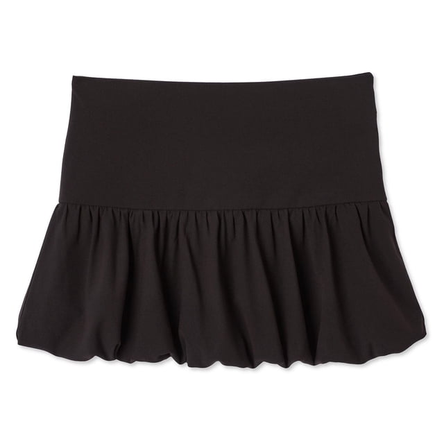 My Sister's Closet Girls' Pull on Bubble Skirt in black with stretch woven body and soft interlock knit lining, featuring a dropped waist, invisible side zipper, and a mini-length bubble hem suitable for playful and polished looks.