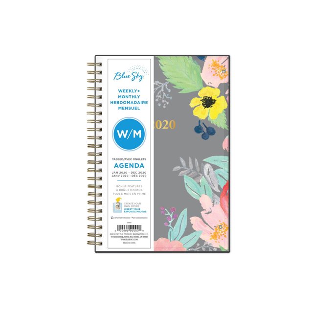 Blue Sky Sophie Medium Weekly/Monthly CYO Planner for 2020, a 5x8 inch wirebound agenda with a gray floral cover and a white vertical label showing weekly and monthly tabs, dated January to December 2020, featuring a clear cover pocket for inserting photos or notes and double-sided storage for pens and loose papers, suitable for detailed daily and monthly scheduling.