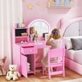 thumbnail image 2 of Qaba Coiffeuse pour Enfants avec Miroir Éclairé, Tabouret, Armoire, Tiroir, Rose, 2 of 10
