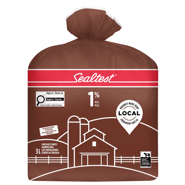 Sealtest Chocolat Parly Écrémé 1 % Lait Sac de 3 L en Plastique Brun avec logo Sealtest Rouge et Blanc, Mettant en Vedette une illustration de Ferme Blanche, 1 % de Matières Grasses du Lait, Étiquette de Teneur Élevée en Sucre, et Marques de Qualité Laitière Locales Canadiennes, Convient à une option de Lait Aromatisé Crémeux.