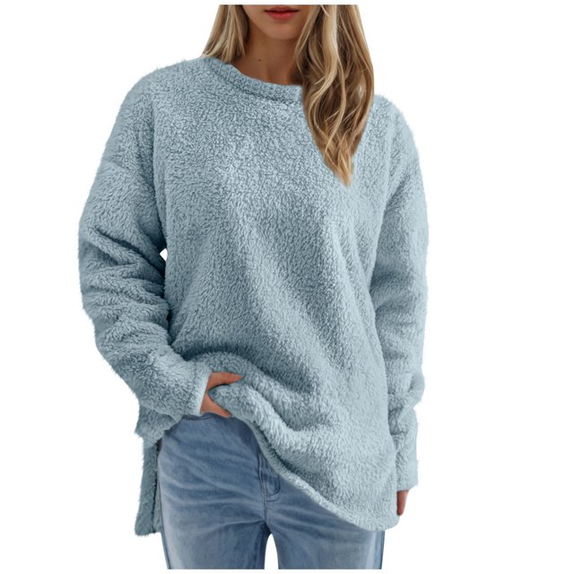 Pisexur Chandail en Molleton Douillet pour Femmes à Manches Longues Col Rond Mode Couleur Unie Automne chandail Décontracté Ourlet Fendu