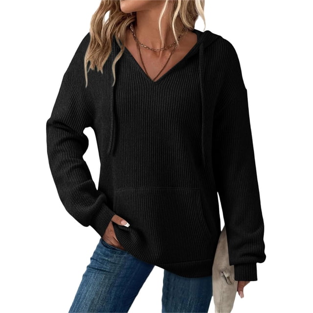 Xdegoge Womens Hoodies Sweatshirts Oversized Sweatshirts Ribbed Knit Long Sleeve Drawstring V Neck Casual Pullover Sweatshirt Hooded Tops Plus Size Fall Winter Clothes with Pockets Black M