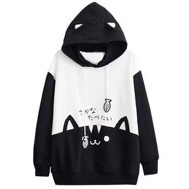 Women's T-Shirts Blouse Top Cat Thin Women's Pocket Shirt Hoodie Casual Sleeve Kitty Long Print Blouse