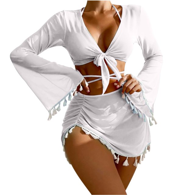 HKEJIAOI Halter Triangle String Swimsuit Solid Bathing Suits with Tassel Cover-up Set White L