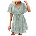thumbnail image 2 of FcBaudy Robe à Manches Courtes à Col en V, Robes d'Été pour Femmes, Robes pour Femmes Robe d'Été à Manches Courtes à Volants à Fleurs Robe à Col en V Taille Haute Robe Femme, 2 of 9