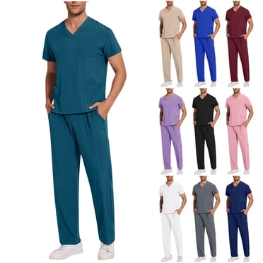 RKSTN Black Scrubs for Men Doctor Scrubs Two Piece Set Solid Color V Neck Short Sleeve Scrubs Top Elastic Workwear Straight Leg Pants with Pockets