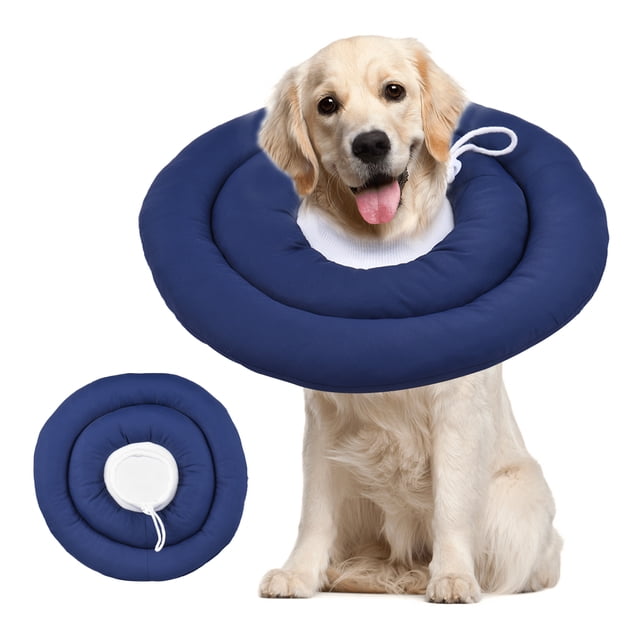 Pet Recovery Collar After Surgery Dog Cone Collar with adjustable neck drawstring in navy blue, designed as a protective donut collar for small, medium, and large pets. Suitable for cats and dogs, it is made of waterproof polyester and microfiber cotton for comfort and durability. The collar allows pets to eat, drink, sleep, and play freely while preventing them from biting or licking injured areas.
