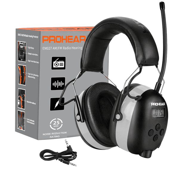 PROHEAR 027 AM FM Digital Ear Protection 25dB NRR Audio Headphones, Noise Reduction Hearing Protection Earmuffs for Lawn Mowing, Workshops, Snowblowing Indoor Outdoor Construction Work - Grey