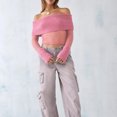 thumbnail image 2 of Fortune Women Off Shoulder Sweater Mesh Knit Cropped Pullover Solid Color Long Sleeve Slim Fit Crop Top, 2 of 7