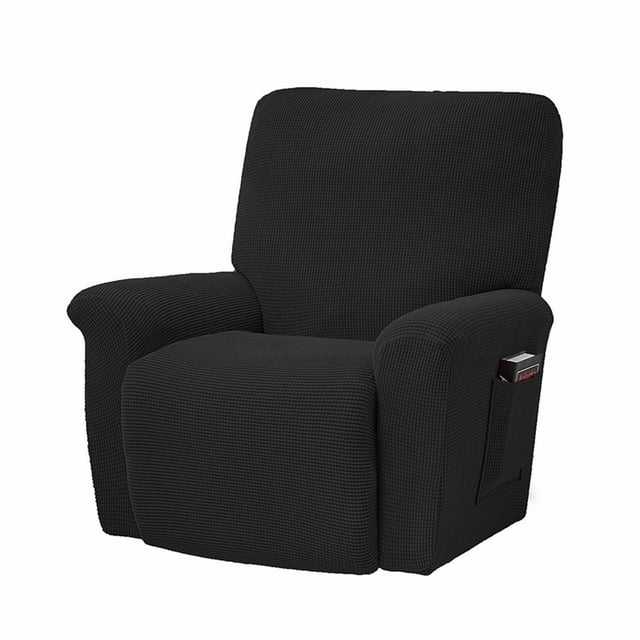 WRXMIJNHGSA Sofa Cover under $30, a super stretch recliner cover designed for standard and large recliners. The black slipcover features a textured small check pattern, form-fitted design, and non-slip elastic loops for secure placement. Includes a right-side pocket and continuous footrest compatibility. Suitable for both manual and electric recliners. Made from soft, thick, high-stretch knitted fabric, it protects against spills, stains, and wear. Machine washable for easy care.