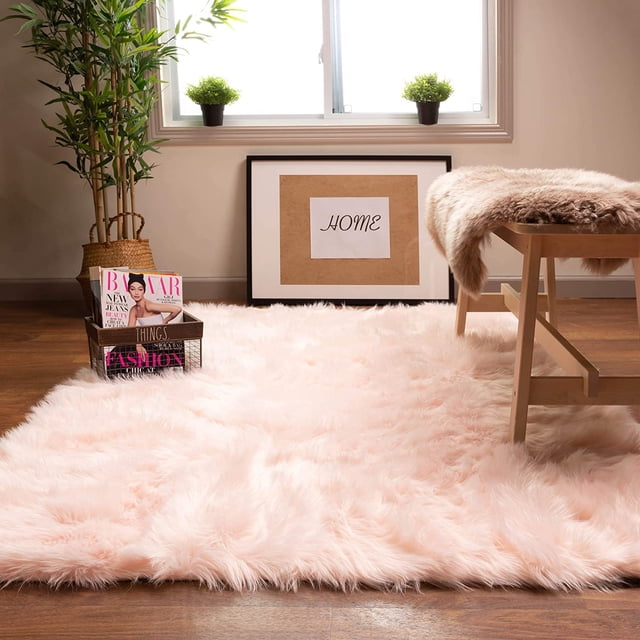 Ultra Soft Faux Sheepskin Fur Rug Pink Fluffy Area Rug Shag Rug Carpets for Bedroom Living Room, 6 x 8 Feet