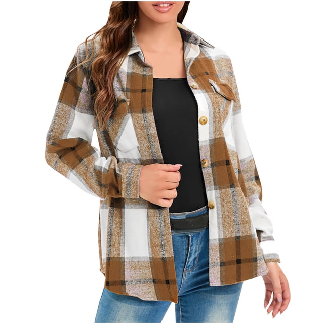 IROINID Surchemise Courte pour Femmes Col Rabattu à Carreaux Manches Longues Manteau Chemise Sans Capuche Décontracté, Jaune