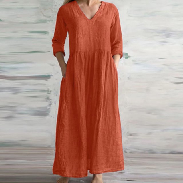 Robe de Collation des Grades Mode Femme Printemps/été Col en V Manches 3/4 Robe en Coton et Lin Robe T-Shirt pour Femmes en Liquidation