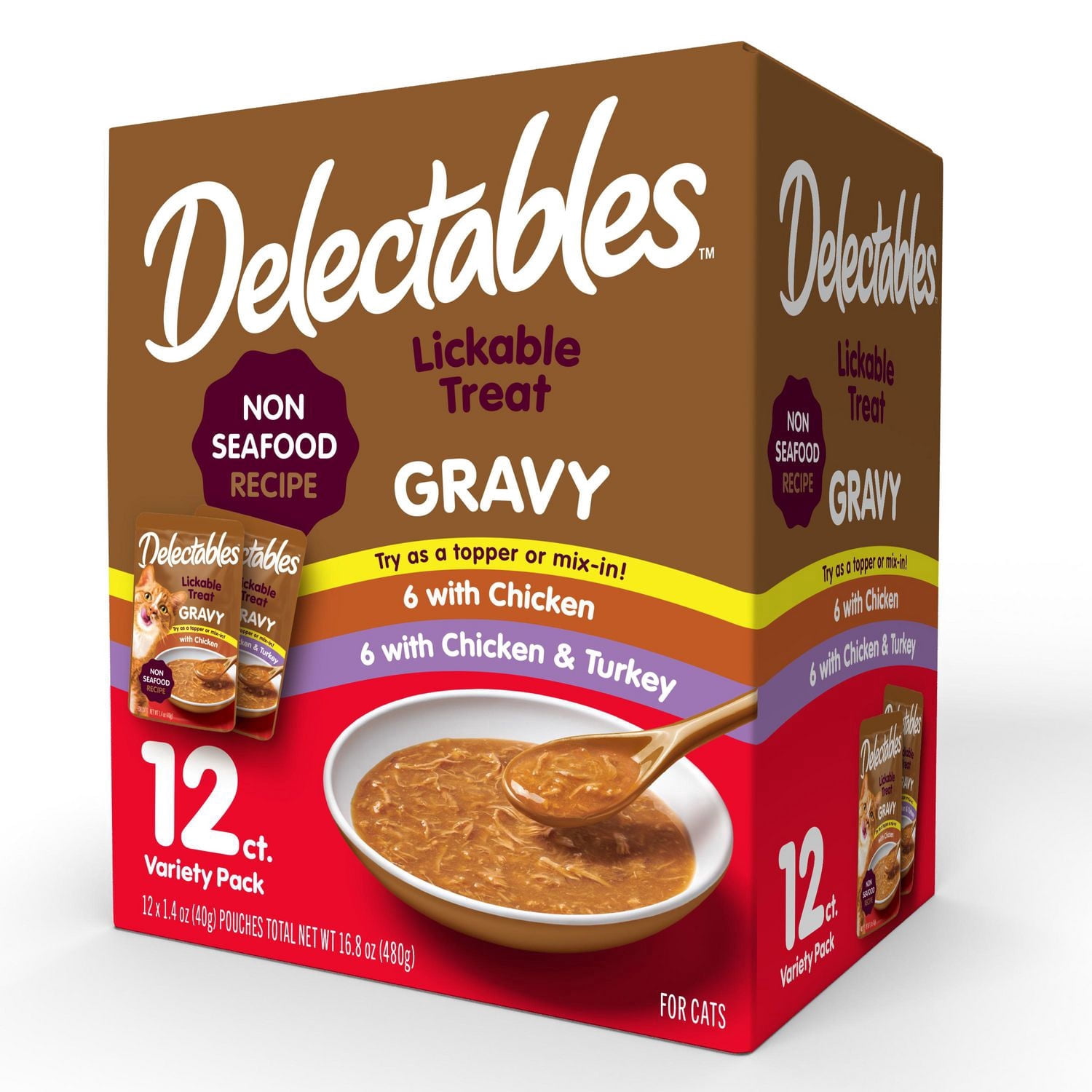 Delectables Sauce Sans Fruits de Mer Poulet, Poulet & Dinde Lot de 12 Gâteries à Lécher pour Chats