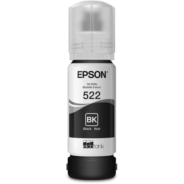 Epson T522 EcoTank Ink Bottle - Black with a white label marked 522 and BK for black ink, featuring a black and gray wave design, translucent cap, and black base, a high-capacity replacement ink bottle compatible with EcoTank printers.