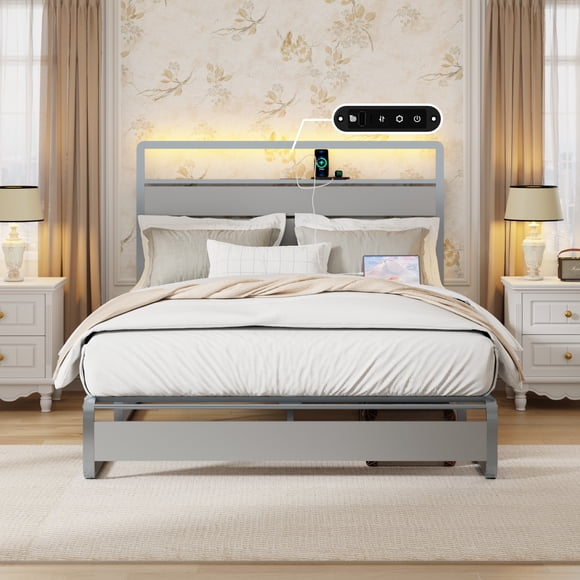 Noble House Queen Metal Platform Bed Frame,LED Lights & Charging Station with Headboard,Heavy Duty,Silver