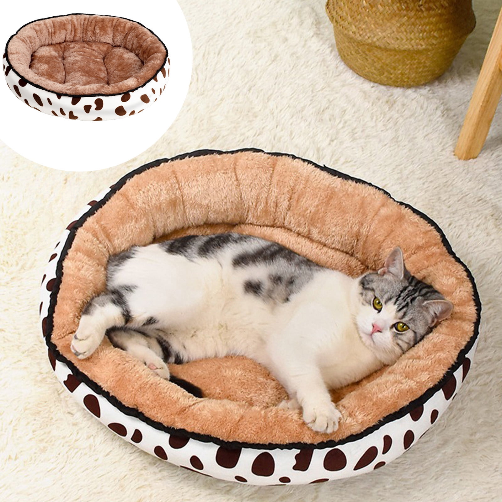 Dvkptbk dog mat Winter Warm Plush Oval Plush Pet Bed Two Sides Available Brown Spotted Pet Bed Cats Bed Dog Bed Four Seasons Pet Mat P.P Filled Pet Mat